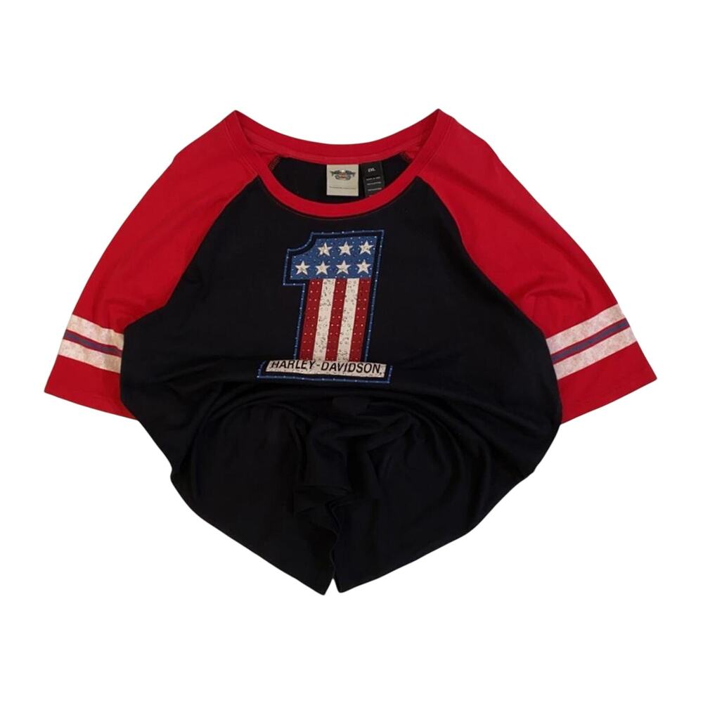 Harley Davidson Women's Bedazzled USA 1 Short Sleeve Baseball T Shirt Black 2XL